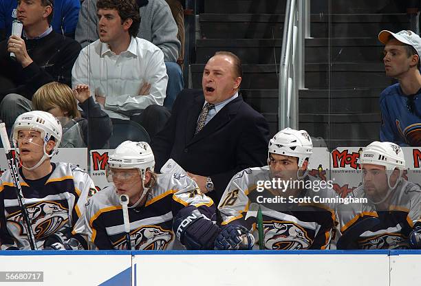 Head Coach Barry Trotz of the Nashville Predators looks on from behind the bench during their game against the Atlanta Thrashers on January 11, 2006...