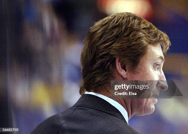 Head coach Wayne Gretzky of the Phoenix Coyotes watches from the bench on January 26, 2006 at the Savvis Center in St. Louis, Missouri. The Phoenix...