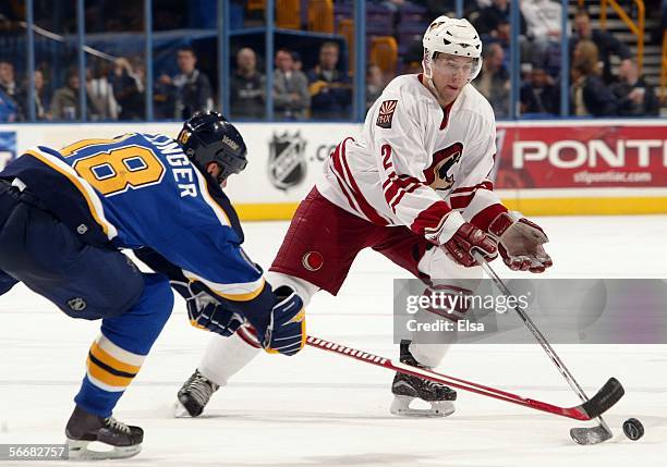 Keith Ballard of the Phoenix Coyotes tries to keep the puck from Mike Sillinger of the St. Louis Blues on January 26, 2006 at the Savvis Center in...