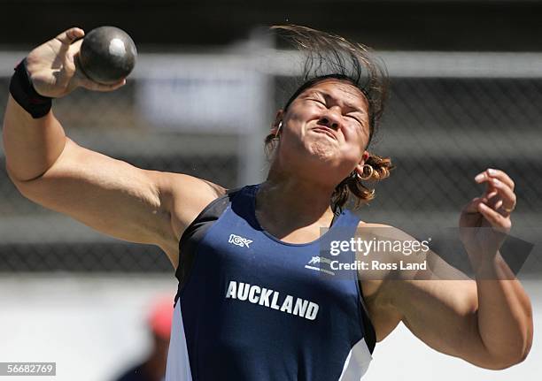 Valerie Vili on her way to setting a national record during the Senior Womens Shot Put on day one of the New Zealand track and field championships on...