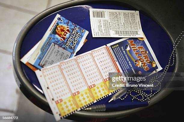 Euromillions tickets are seen in a newsagents on January 27, 2005 in London, England. The european lottery has rolled over for several weeks and is...