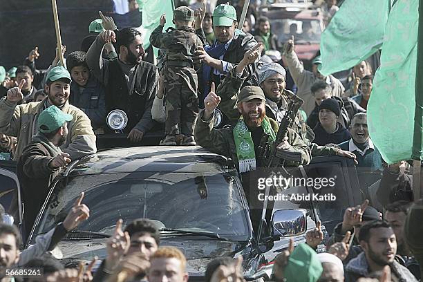 Supporters of the Islamic Resistance Movement Hamas celebrate their Palestinian election victory on January 27, 2006 in Beit Lahia town, northen Gaza...