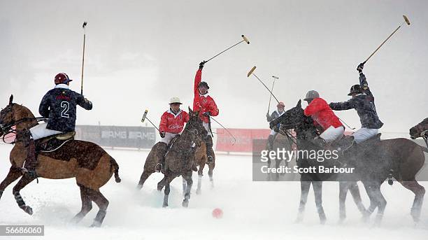 Adriano Agosti goes for the ball during the Team Cartier v Team Bank Hofmann match at the 22nd Cartier Polo World Cup on Snow on January 27, 2006 in...