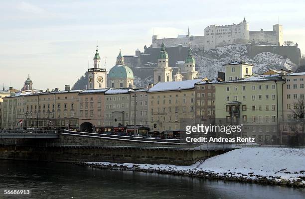 Historic Salzburg and the Salzburg castle is shown at the opening of the Mozart week on January 27, 2006 in Salzburg, Austria. Salzburg is...