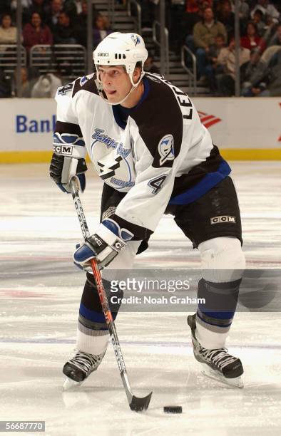 Vincent Lecavalier of the Tampa Bay Lightning skates with the puck against the Los Angeles Kings during the NHL game on January 17, 2006 at the...