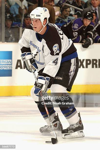 Vincent Lecavalier of the Tampa Bay Lightning skates with the puck against the Los Angeles Kings during the NHL game on January 17, 2006 at the...