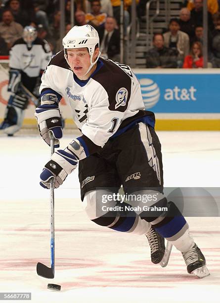 Ruslan Fedotenko of the Tampa Bay Lightning skates with the puck against the Los Angeles Kings during the NHL game on January 17, 2006 at the Staples...