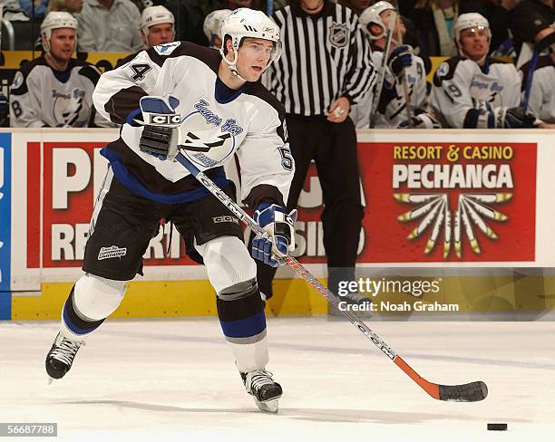 Paul Ranger of the Tampa Bay Lightning passes the puck against the Los Angeles Kings during the NHL game on January 17, 2006 at the Staples Center in...