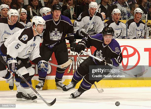 Michael Cammalleri of the Los Angeles Kings skates after the puck against the Tampa Bay Lightning during the NHL game on January 17, 2006 at the...