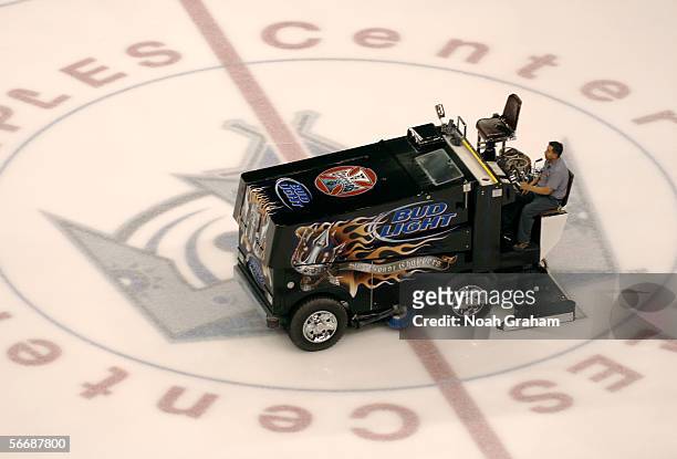 Zamboni prepares the ice before the start of the NHL game between the Los Angeles Kings and the Tampa Bay Lightning on January 17, 2006 at the...