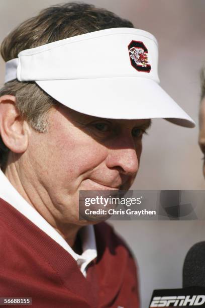 Head coach Steve Spurrier of the South Carolina Gamecocks is interviewed against the Missouri Tigers during the Independence Bowl on December 30,...