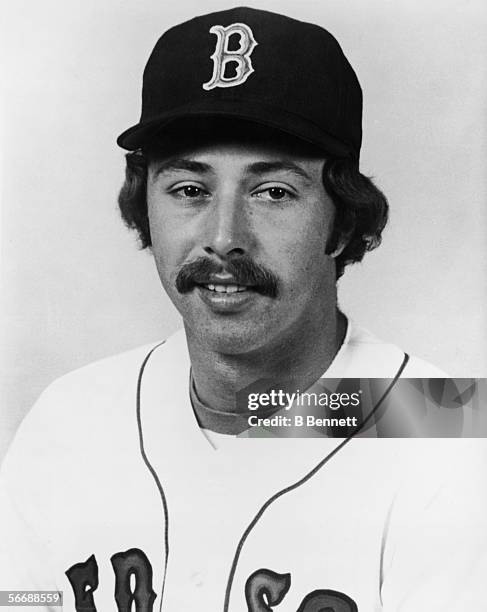 Studio headshot portrait of American professional baseball player Jerry Remy, second baseman for the Boston Red Sox, late 1970s or early 1980s.