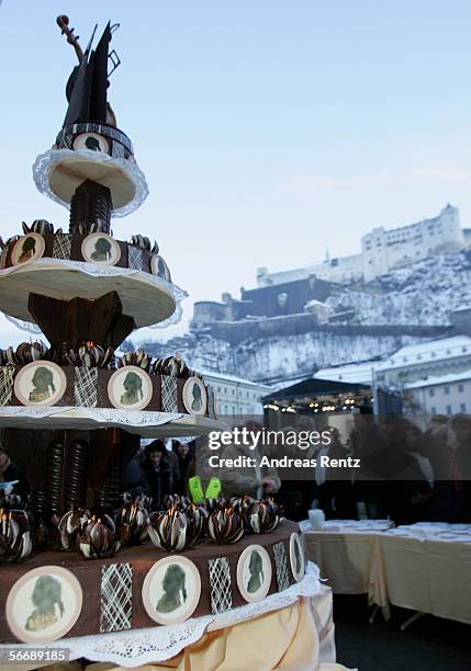 Giant birthday cake in honor of Wolfgang Amadeus Mozart is shown at the opening of the Mozart week January 27, 2006 in Salzburg, Austria. Salzburg is...