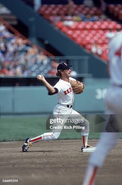 Jerry Remy of the Boston Red Sox throws the ball to make a play during a game in the 1981 season. Jerry Remy played for the Red Sox from 1978-1984.