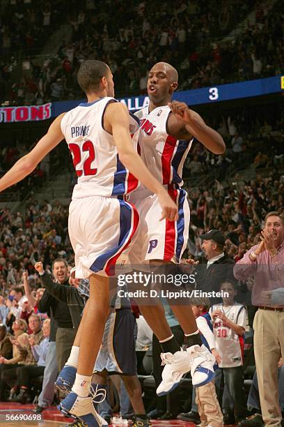 Chauncey Billups and Tayshaun Prince of the Detroit Pistons celebrate Billups 3 pointer against the Memphis Grizzlies in a game on January 27, 2006...