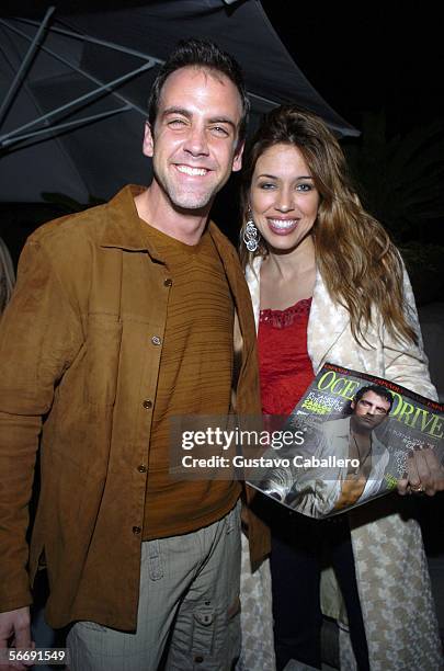 Actor Carlos Ponce and wife Veronica pose at the Ocean Drive Espanol Cover Party at the Four Seasons Hotel on January 27, 2006 in Miami, Florida.