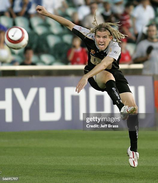 Jeremy Brockie of the Knights shoots unsuccessfully for goal during the round 20 Hyundai A-League match between the New Zealand Knights and Adelaide...