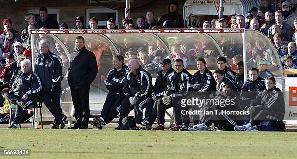 Graeme Souness looks on during the FA Cup 4th Round match between Cheltenham Town and Newcastle United played at Whaddon Road on January 28, 2006 in...