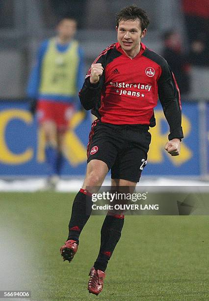 Nuremberg's Russian striker Ivan Saenko celebrates after scoring against Hamburg during their Bundesliga football match 28 January 2006 at the...