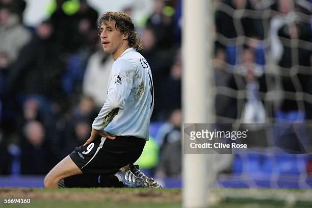 Hernan Crespo of Chelsea looks on infrustration at missing a scoring chance during the FA Cup 4th Round match between Everton and Chelsea at Goodison...