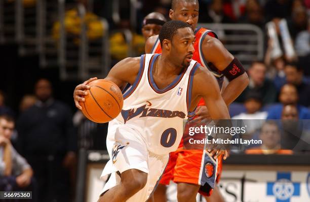 Gilbert Arenas of the Washington Wizards dribbles the ball against the Charlotte Bobcats January 28, 2006 at the MCI Center in Washington, DC. NOTE...