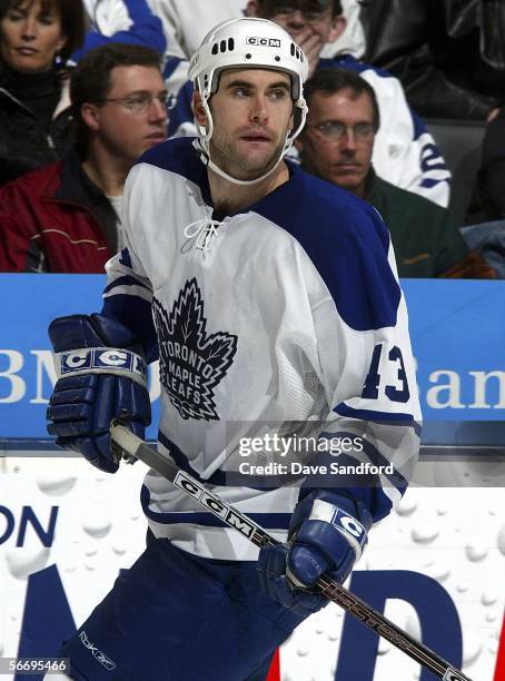 Jay Harrison of the Toronto Maple Leafs skates against the Montreal Canadiens during their NHL game at the Air Canada Centre January 28, 2006 in...