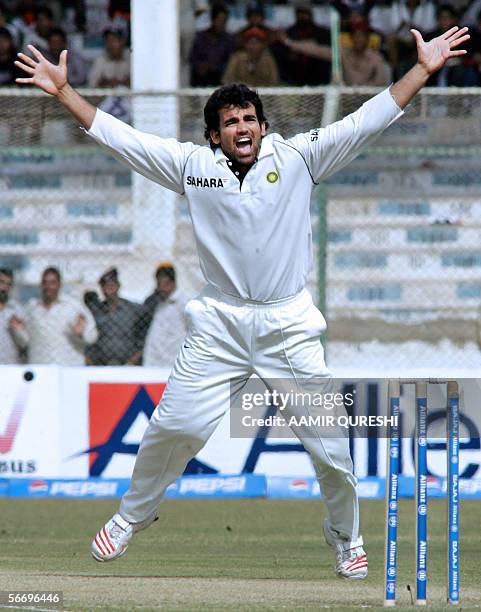 Indian cricketer Zaheer Khan makes an unsuccessful leg before wicket appeal during the first day of the third and final Test match between Pakistan...