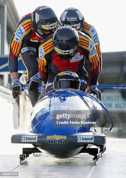 Matthias Hoepfner, Marc Kuehner and Ronny Listner and Andreas Barucha of Germany compete during the Bobsleigh World Cup Four Men Competition on...