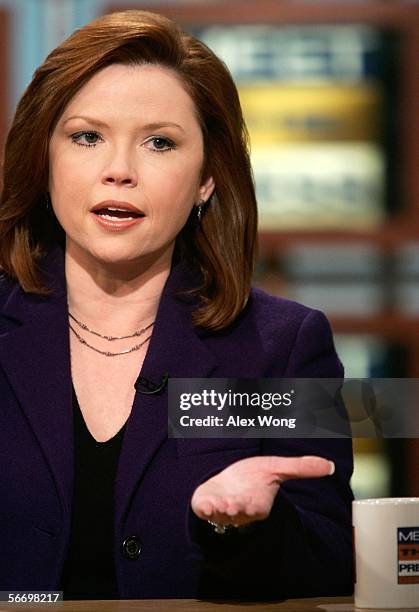 Reporter Kelly O'Donnell gestures as she speaks during the taping of "Meet the Press" at the NBC studios January 29, 2006 in Washington, DC....