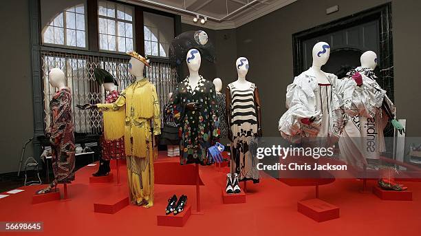 Dresses designed by Anna Piaggi are seen at the Victoria and Albert Museum on January 29, 2006 in London, England. Fashion-ology is a new exhibition...