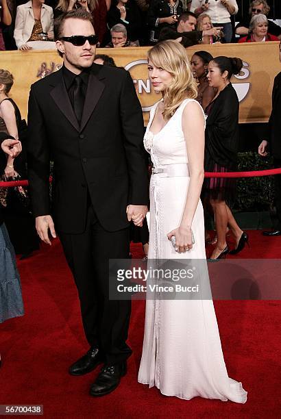 Actors Heath Ledger and girlfriend Michelle Williams arrive at the 12th Annual Screen Actors Guild Awards held at the Shrine Auditorium on January...