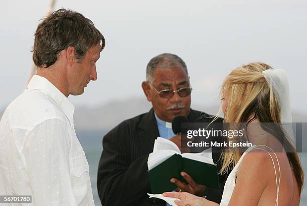 Tony Hawk and Lhotse Merriam are read their wedding vows at their wedding ceremony January, 12 2006 on the Island of Tavarua in Fiji.