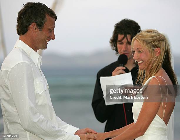 Tony Hawk and Lhotse Merriam are read their wedding vows at their wedding ceremony January, 12 2006 on the Island of Tavarua in Fiji.