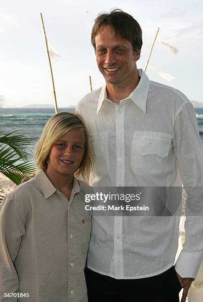 Tony Hawk and his son Riley pose for a photo before Tony Hawk and Lhotse Merriam's wedding ceremony January, 12 2006 on the Island of Tavarua in Fiji.