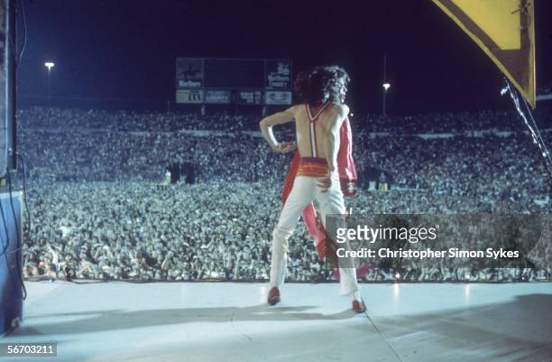 Singer Mick Jagger dancing on stage during the Rolling Stones' 1975 Tour of the Americas.