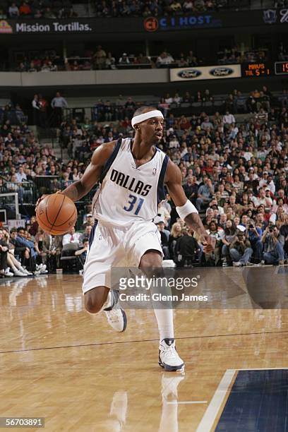 Jason Terry of the Dallas Mavericks moves the ball during the game against the Minnesota Timberwolves at American Airlines Arena on January 7, 2006...