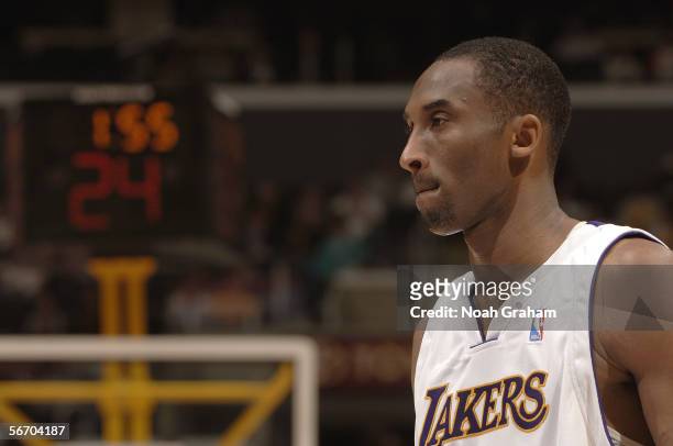 Kobe Bryant of the Los Angeles Lakers looks on against the Toronto Raptors on January 22, 2006 at Staples Center in Los Angeles, California. Bryant...