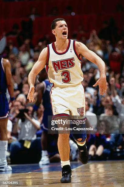 Drazen Petrovic of the New Jersey Nets celebrates against the Cleveland Cavaliers during Game three of Round one of the 1993 NBA Playoffs circa 1993...