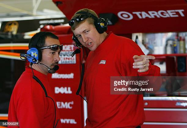 Jimmy Elledge, crew chief of the Ganassi Racing Target Dodge speaks with Ganassi Racing Dir.of R&D Steve Boyer, during NASCAR Nextel Cup Series...