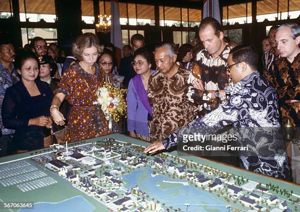 In their official trip to Indonesia, the Spanish Kings Juan Carlos of Borbon and Sofia of Greece observes a model of the park of Taman Mini with...