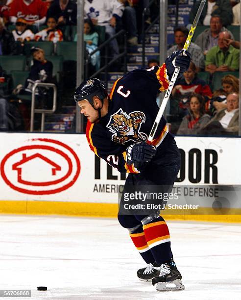 Olli Jokinen of the Florida Panthers takes a slap shot against the Toronto Maple Leafs at the Bank Atlantic Center on January 30, 2006 in Sunrise,...