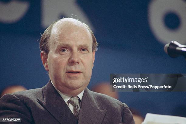 British Conservative Party politician and Shadow Chancellor of the Exchequer, Iain Macleod pictured delivering a speech at the Tory Party annual...