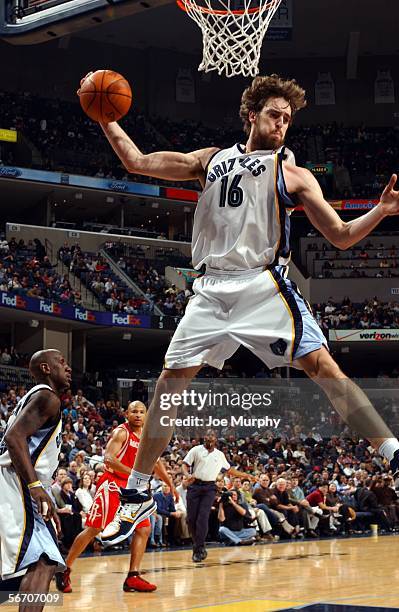 Pau Gasol of the Memphis Grizzlies grabs a rebound during a game between the Houston Rockets and the Memphis Grizzlies on January 30, 2006 at the...