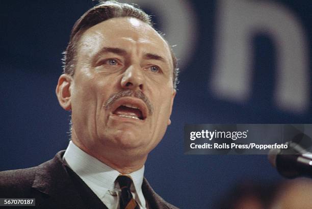 British Conservative Party politician and Shadow Secretary of State for Defence, Enoch Powell pictured delivering a speech at the Tory Party annual...