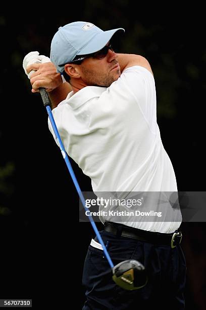 Andrew Tschudin of Australia tees off on day one of final International Qualifying in the Open Championships at Kingston Heath Golf Course January...