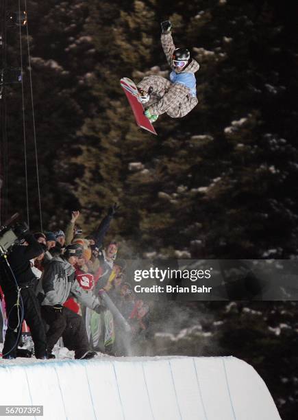 Mason Aguirre flies to second place on his third run in the Snowboard Superpipe Men's Finals at Winter X Games 10 on January 30, 2006 at Buttermilk...