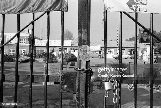 Banners with photos of Ayatollah Khomein are seen inside the American Embassy compound occupied by students following the Imam Khomeini's line on...