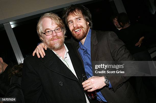 Actors Philip Seymour Hoffman and Sam Rockwell pose for a photo during the after party for "The Public Sings: A 50th Anniversary Celebration" at the...