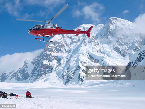 mountain ranger waiting to be picked up by a helicopter in denali national park, alaska. mount hunter is in the background. - helicopter photos et images de collection