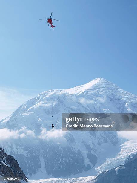 mountain ranger is hanging on a long line underneath a helicopter in denali national park, alaska. mount foraker is in the background. - フォーレイカー山 ストックフォトと画像